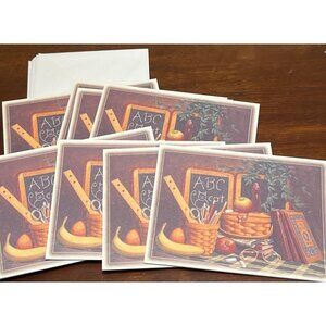 Set Of 8 Longaberger Village Press Note Cards Envelopes Classroom Themed Design